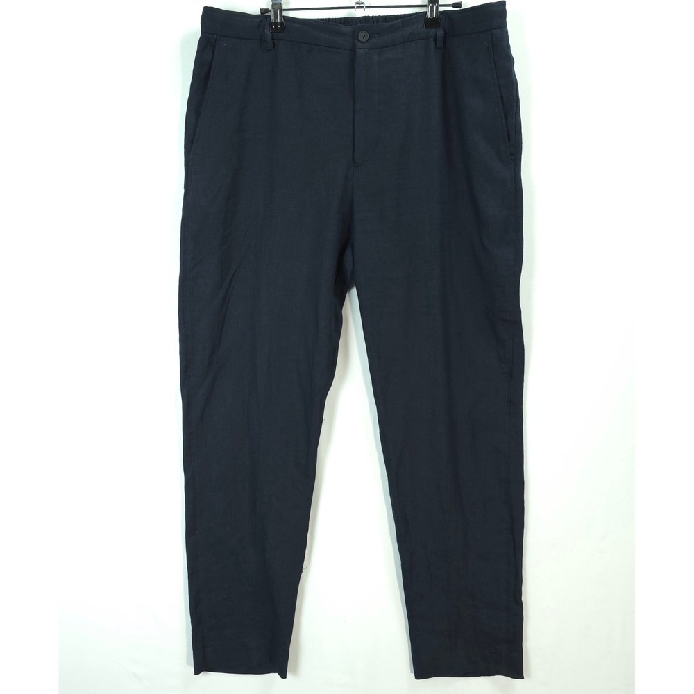Zara Navy Blue 100% Linen Trousers Elastic Waist Drawstring Men XL Beach Preppy